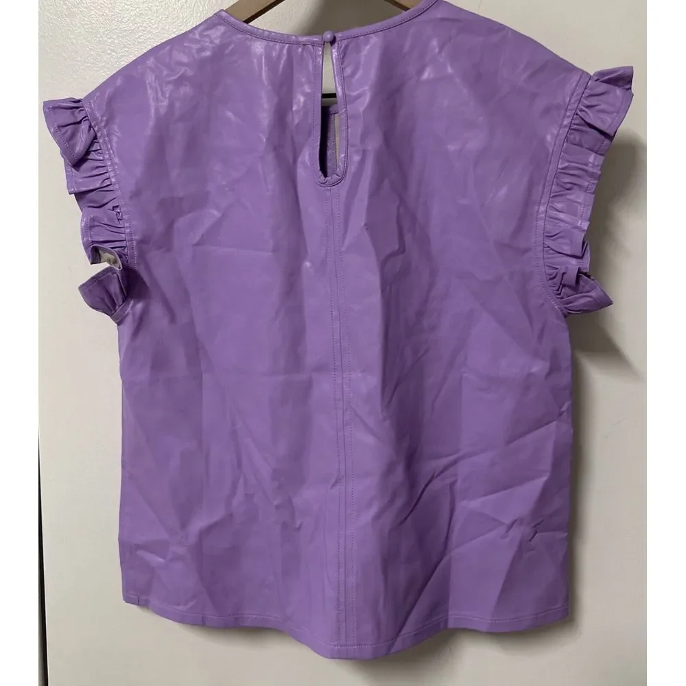 THML Cleo Lavender Vegan Faux Leather Flutter Short Sleeve Blouse Size XS - Picture 7 of 12